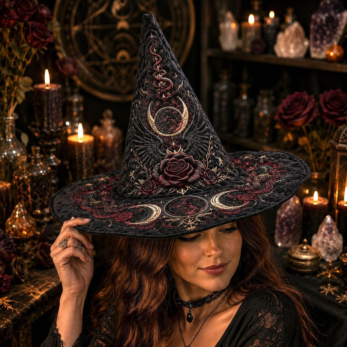 Raven Rose Witch Hat – Gothic Moon Occult Halloween Wide Brim Hat – worn, front view