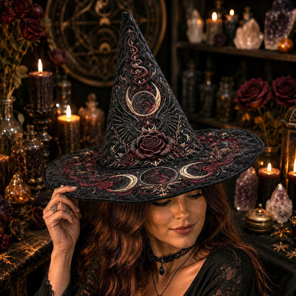 Raven Rose Witch Hat – Gothic Moon Occult Halloween Wide Brim Hat – worn, front view