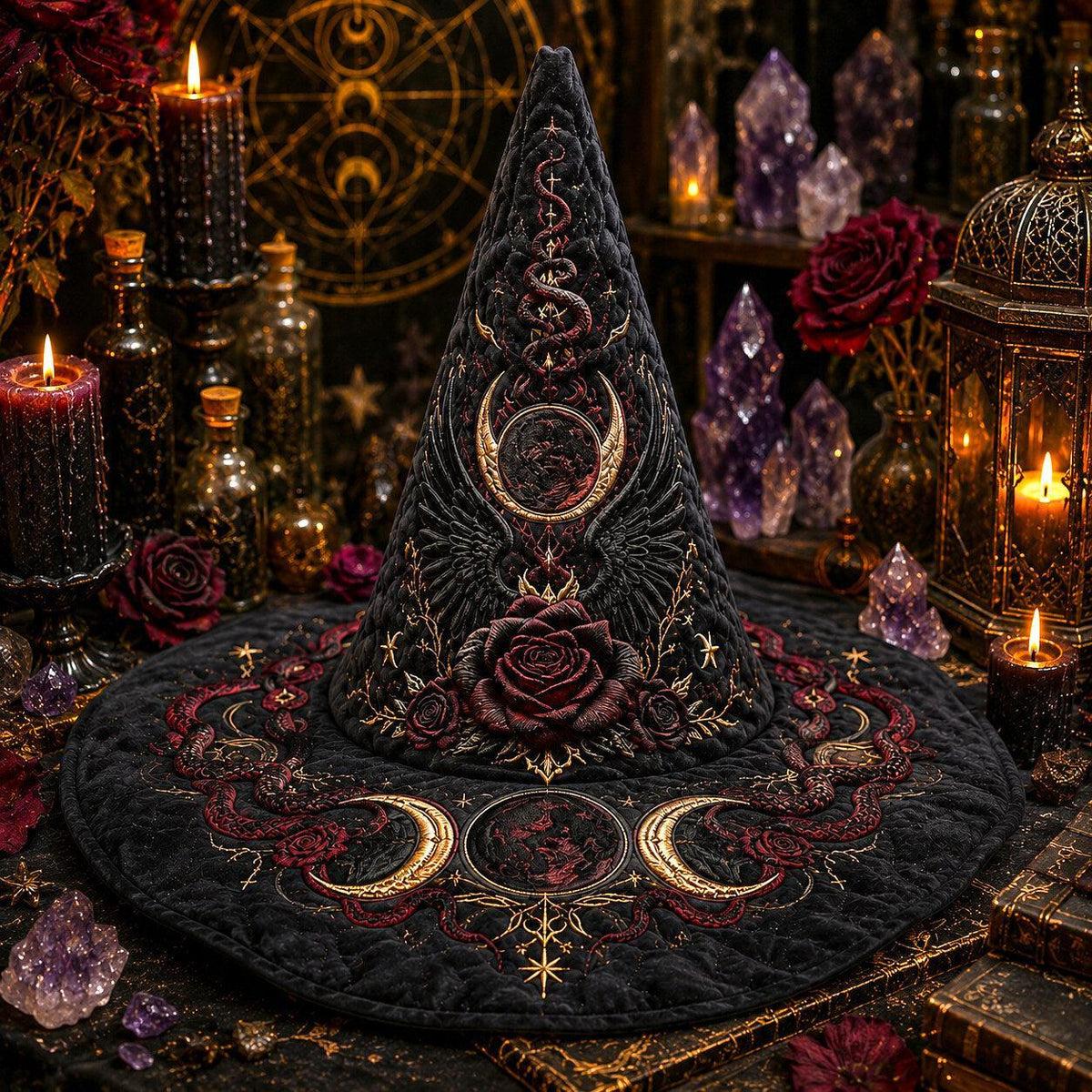 Raven Rose Witch Hat – Gothic Moon Occult Halloween Wide Brim Hat – quilting and print detail