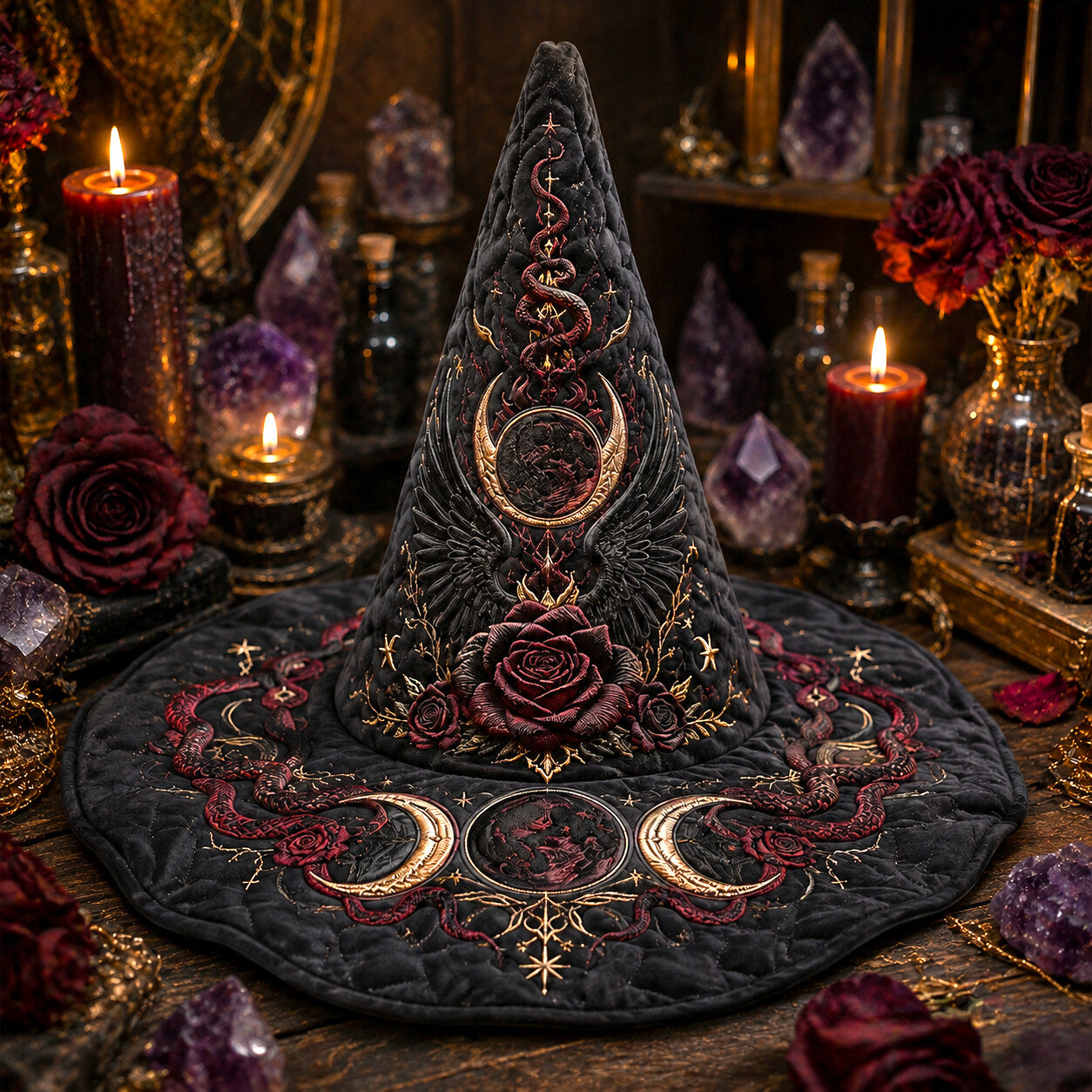 Raven Rose Witch Hat – Gothic Moon Occult Halloween Wide Brim Hat – on an altar table
