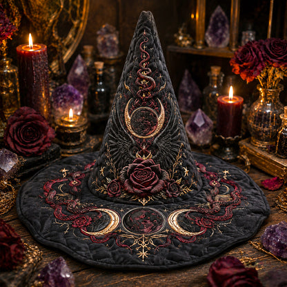 Raven Rose Witch Hat – Gothic Moon Occult Halloween Wide Brim Hat – on an altar table