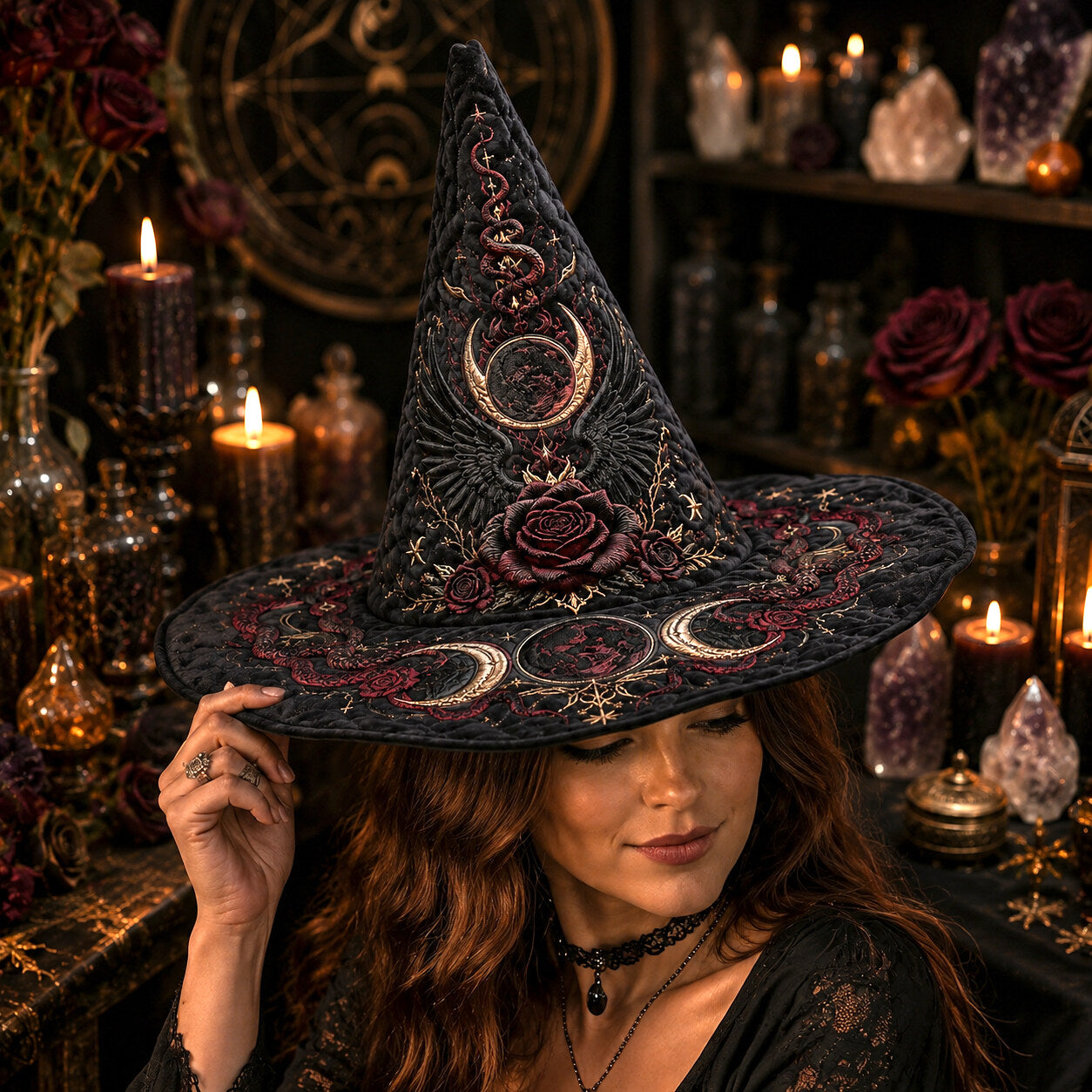 Raven Rose Witch Hat – Gothic Moon Occult Halloween Wide Brim Hat – worn, front view