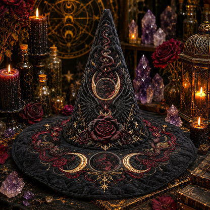 Raven Rose Witch Hat – Gothic Moon Occult Halloween Wide Brim Hat – quilting and print detail