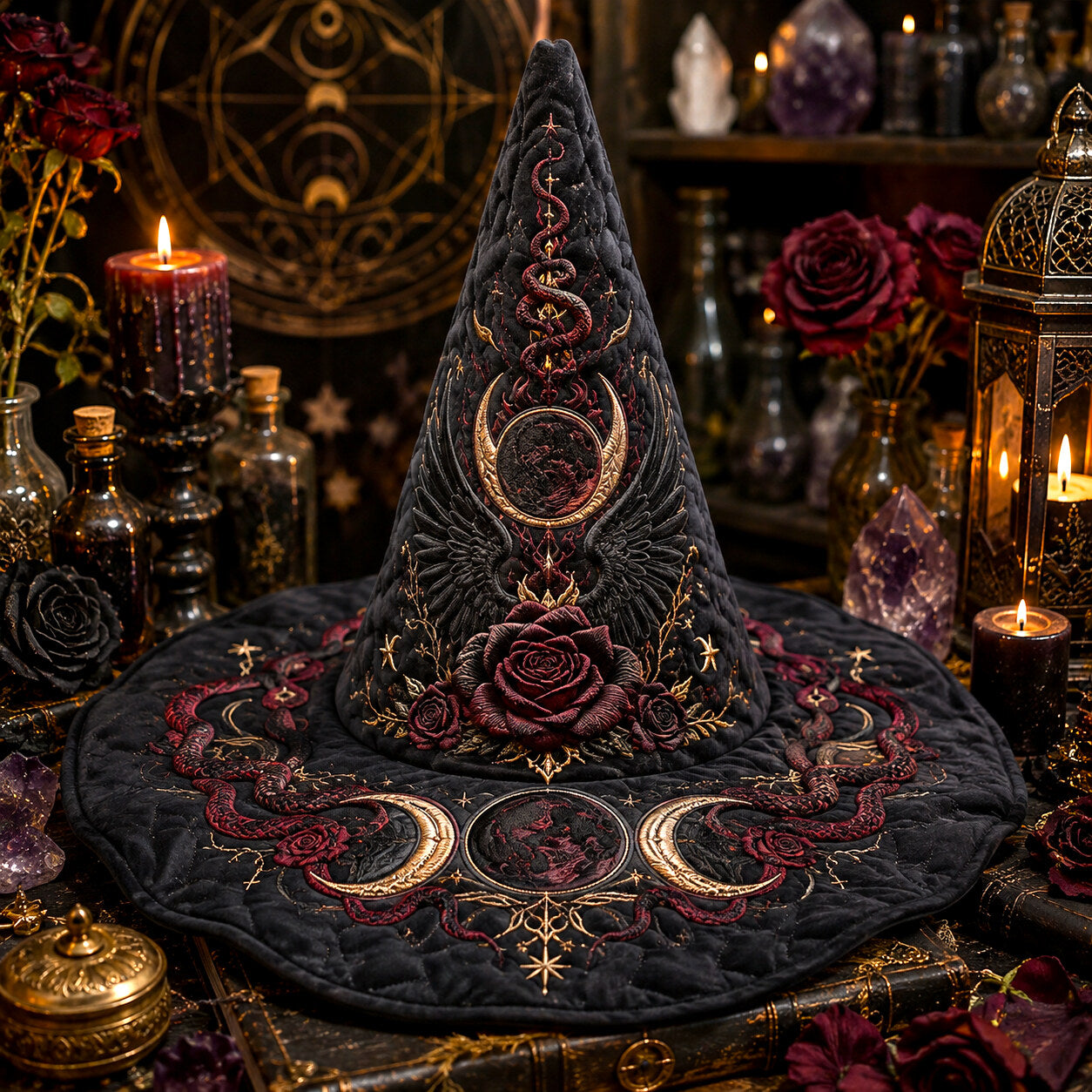 Raven Rose Witch Hat – Gothic Moon Occult Halloween Wide Brim Hat – held in both hands
