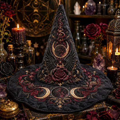 Raven Rose Witch Hat – Gothic Moon Occult Halloween Wide Brim Hat – held in both hands