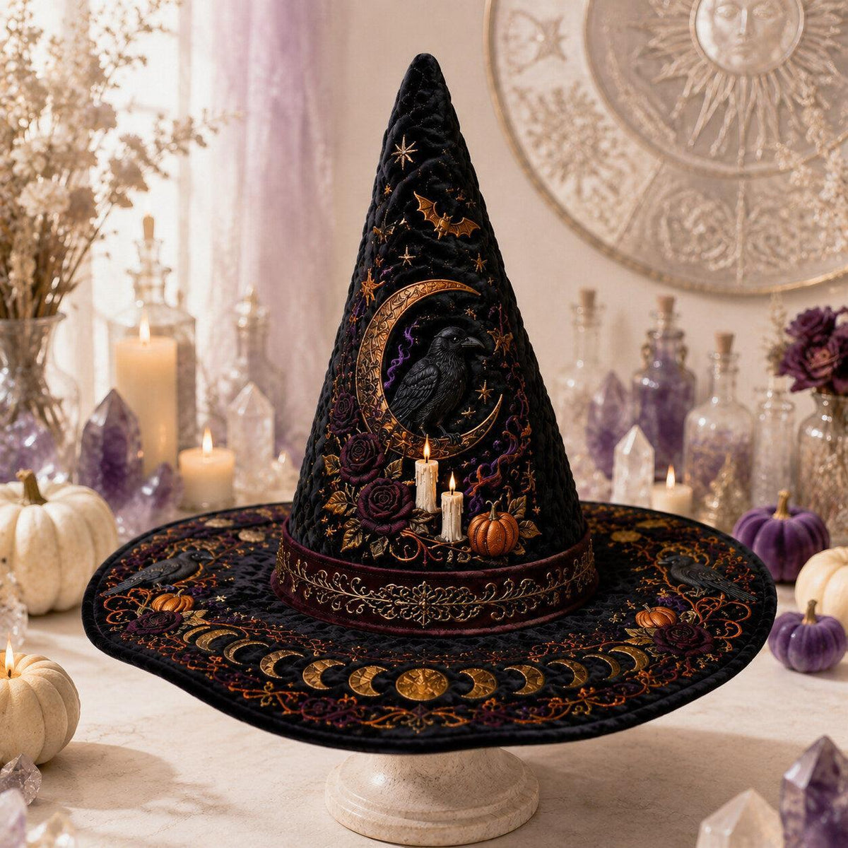 Raven Samhain Witch Hat – Pumpkin Moon Halloween Wide Brim Hat – worn, front view