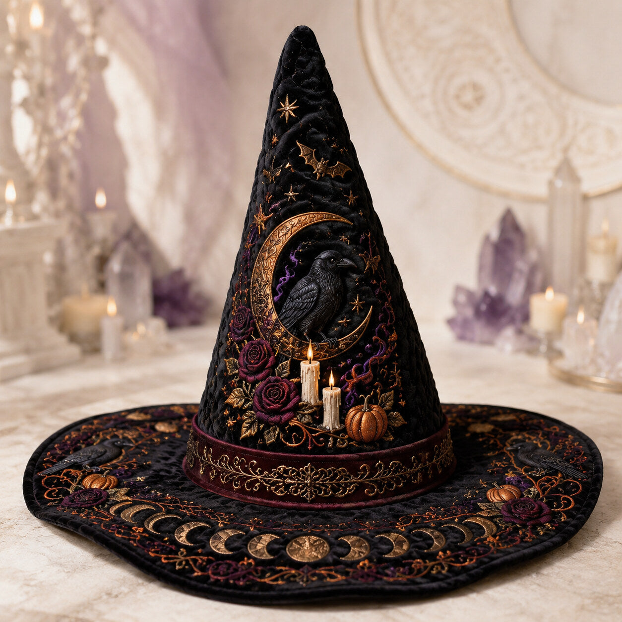 Raven Samhain Witch Hat – Pumpkin Moon Halloween Wide Brim Hat – on an altar table