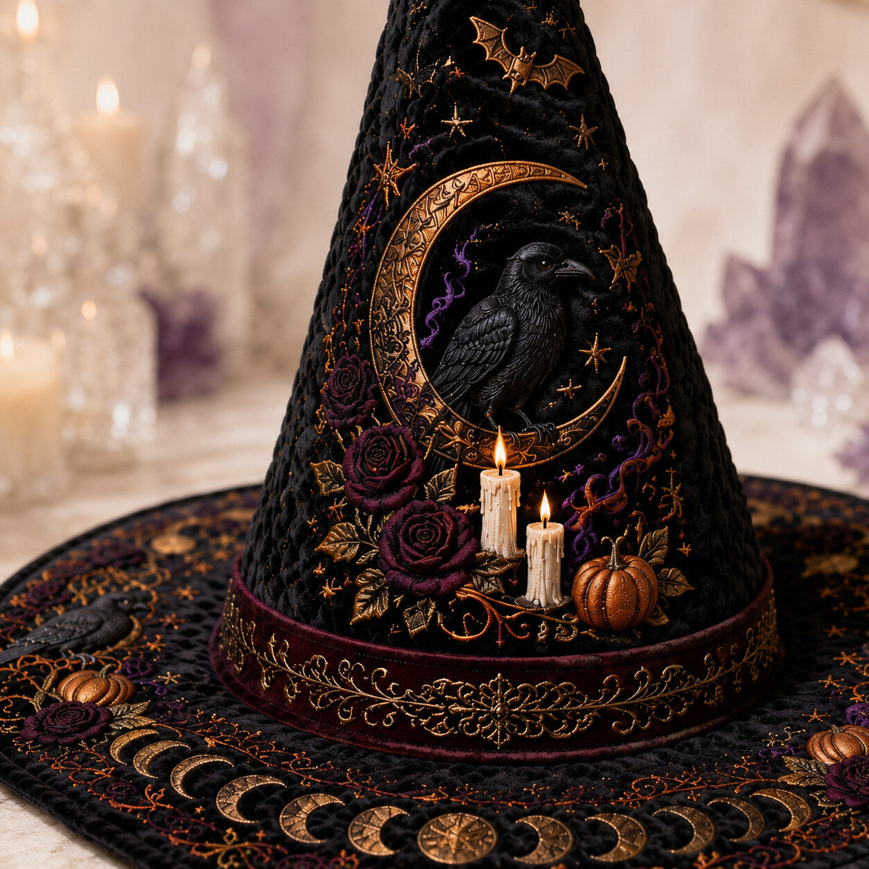 Raven Samhain Witch Hat – Pumpkin Moon Halloween Wide Brim Hat – styled with candles and crystals