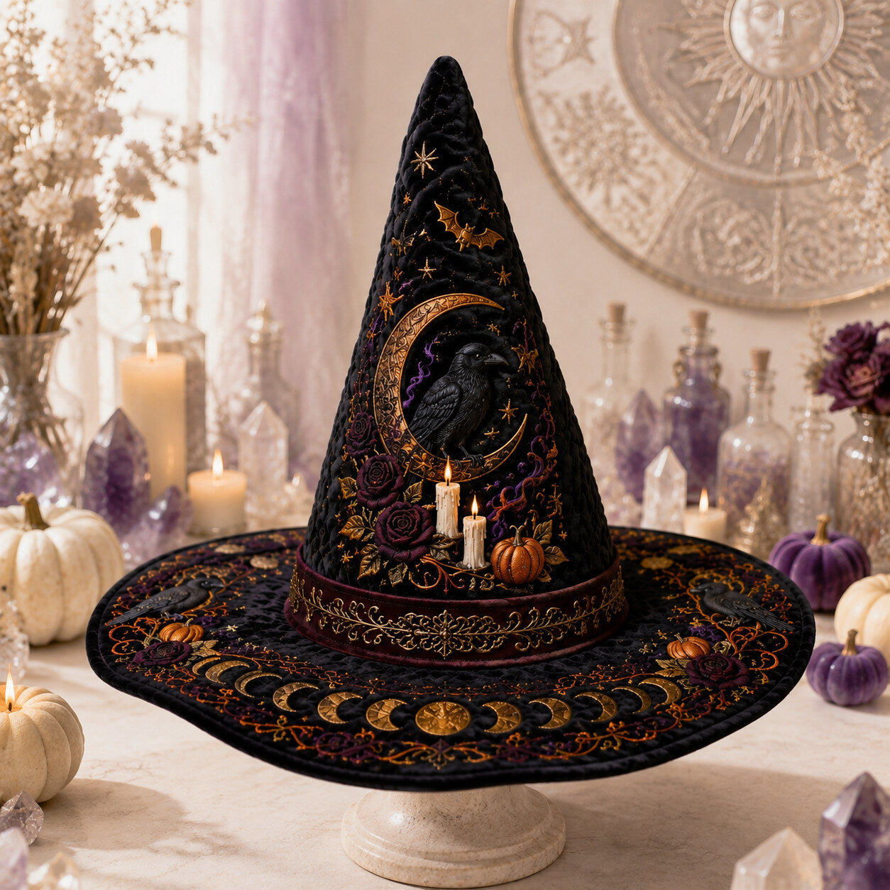 Raven Samhain Witch Hat – Pumpkin Moon Halloween Wide Brim Hat – worn, front view