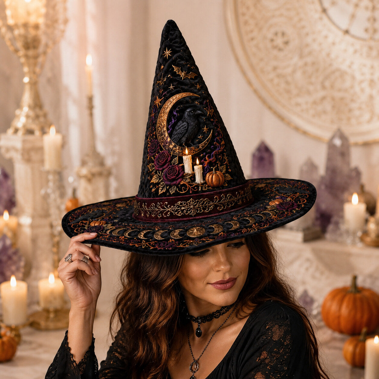 Raven Samhain Witch Hat – Pumpkin Moon Halloween Wide Brim Hat – quilting and print detail