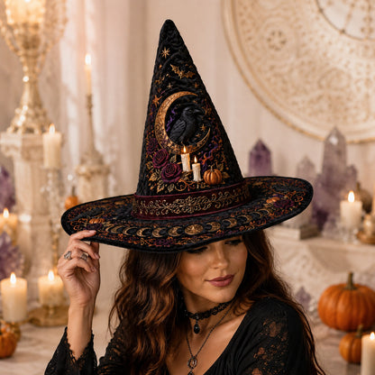 Raven Samhain Witch Hat – Pumpkin Moon Halloween Wide Brim Hat – quilting and print detail