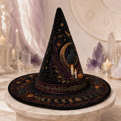 Raven Samhain Witch Hat – Pumpkin Moon Halloween Wide Brim Hat – held in both hands
