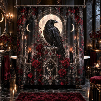 Raven Shower Curtain - Gothic Rose Moon Witchy Bathroom Decor