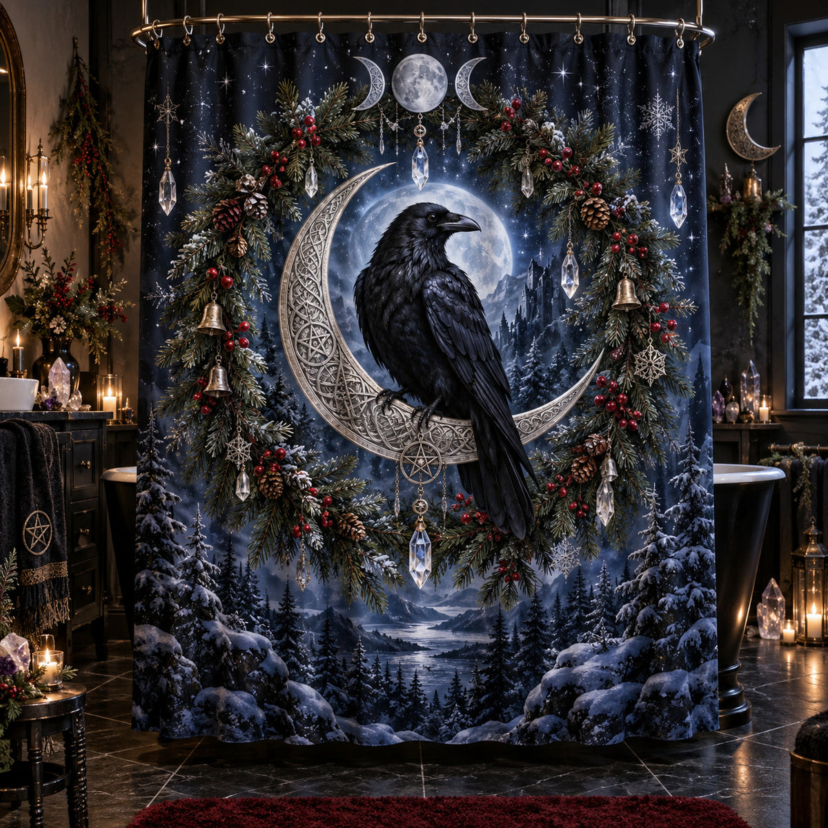 Raven Shower Curtain - Yule Moon Witchy Winter Wreath Decor