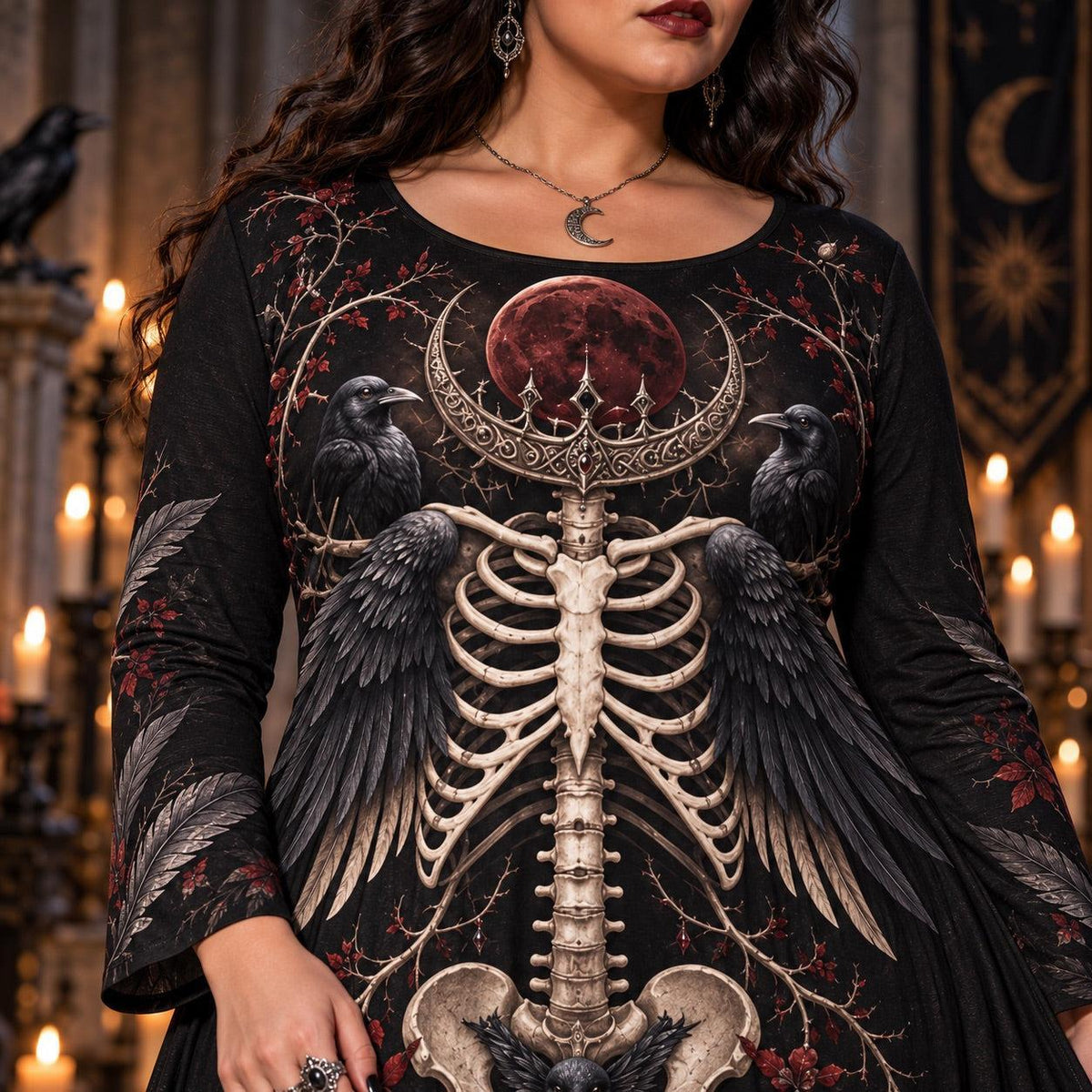 Raven Skeleton Plus Size Pagan Dress – Blood Moon Long Sleeve Maxi – close up of the printed artwork