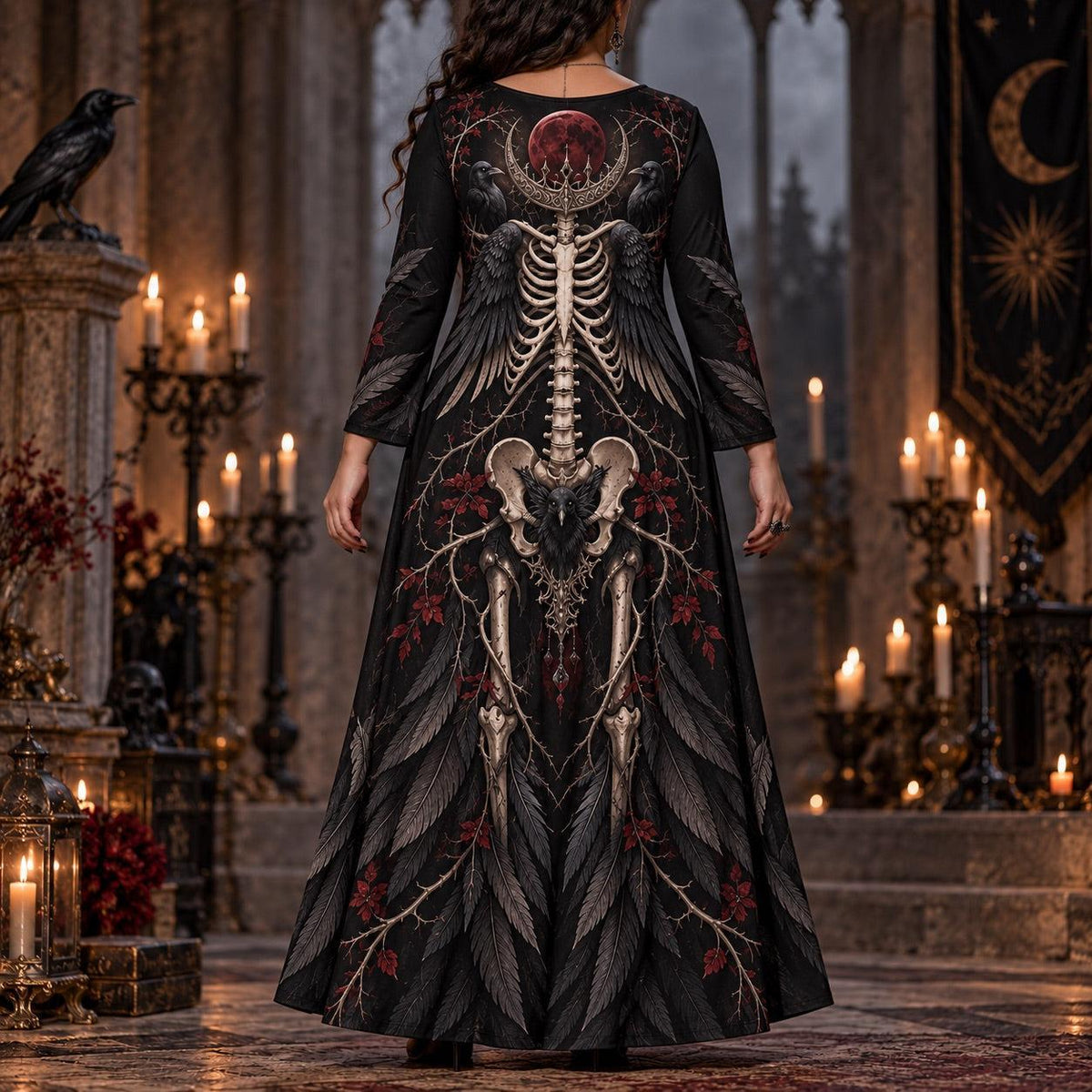 Raven Skeleton Plus Size Pagan Dress – Blood Moon Long Sleeve Maxi – worn, back view