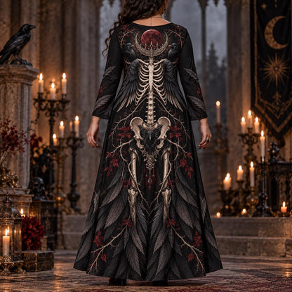 Raven Skeleton Plus Size Pagan Dress – Blood Moon Long Sleeve Maxi – worn, back view