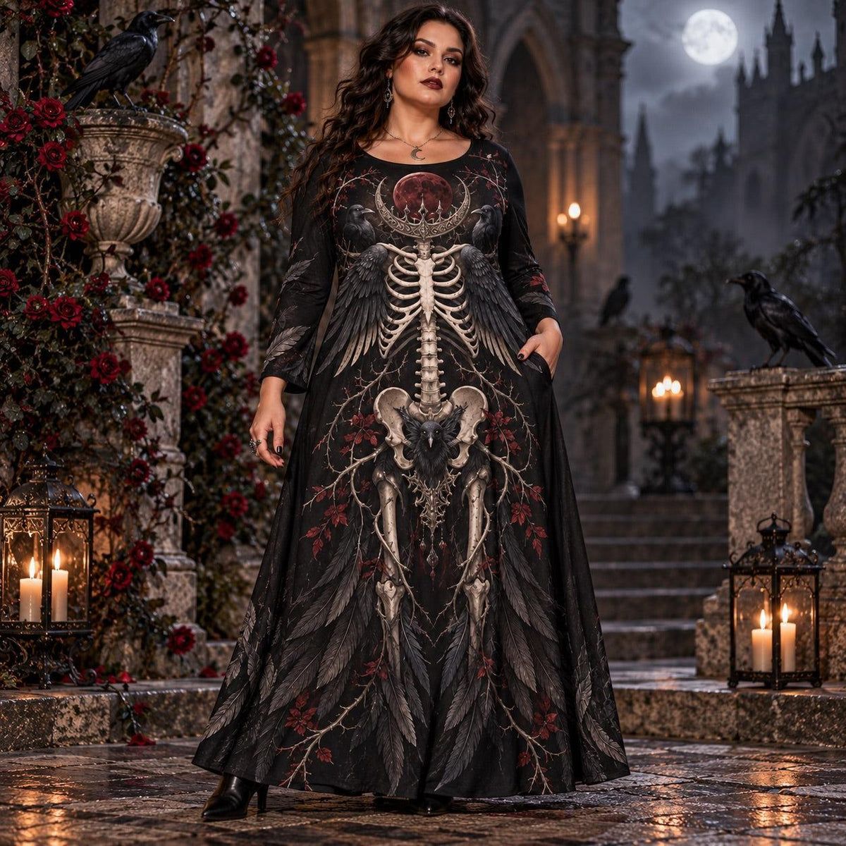 Raven Skeleton Plus Size Pagan Dress – Blood Moon Long Sleeve Maxi – worn, showing the side pocket