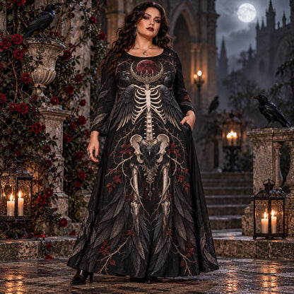 Raven Skeleton Plus Size Pagan Dress – Blood Moon Long Sleeve Maxi – worn, showing the side pocket