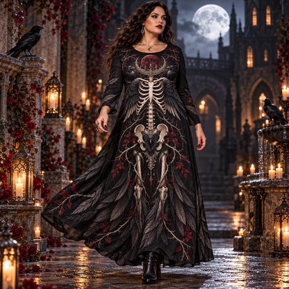 Raven Skeleton Plus Size Pagan Dress – Blood Moon Long Sleeve Maxi – worn, in motion