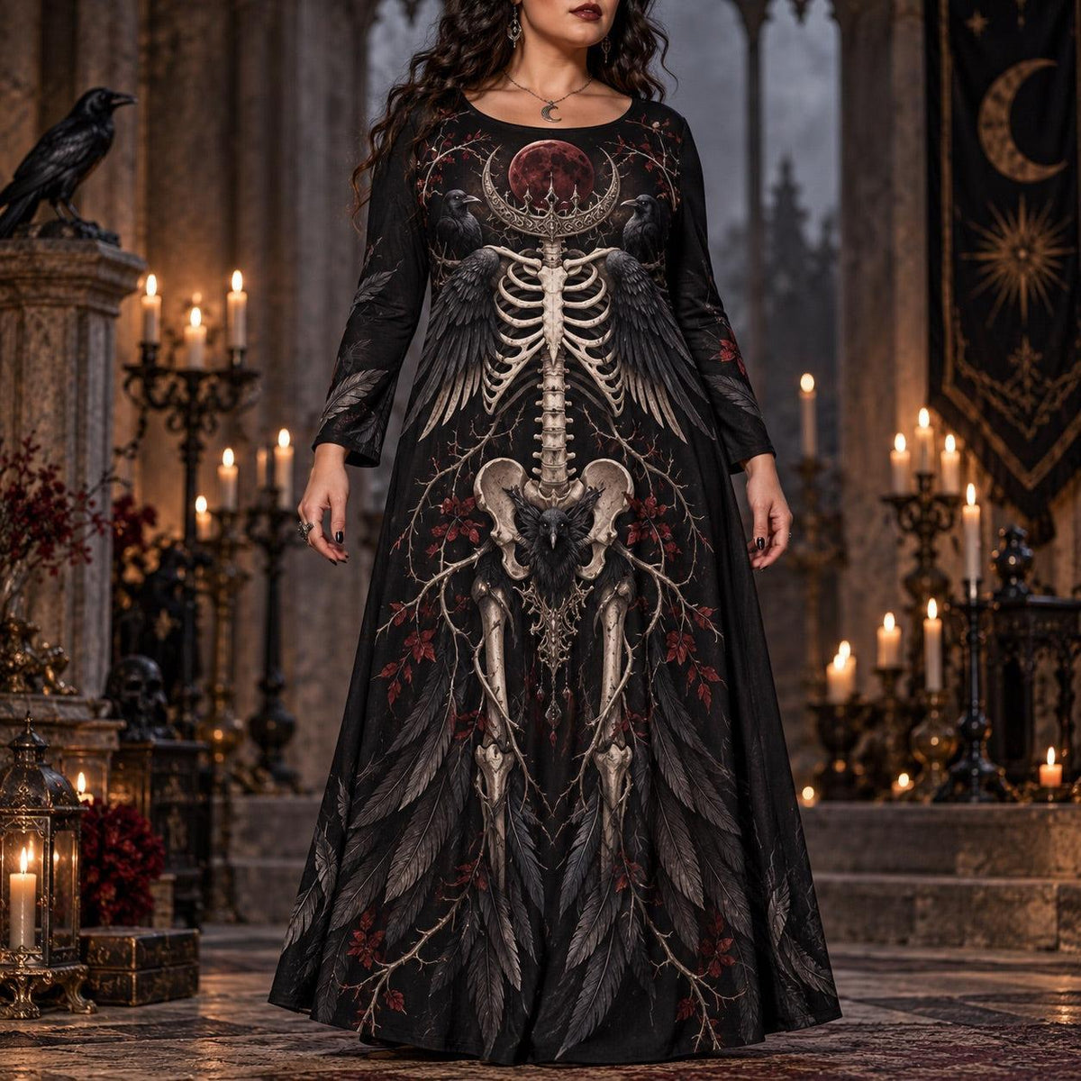 Raven Skeleton Plus Size Pagan Dress – Blood Moon Long Sleeve Maxi – worn, front view