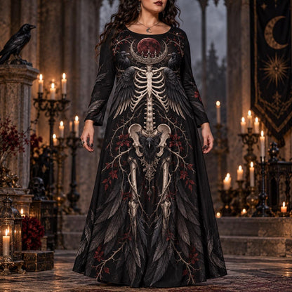 Raven Skeleton Plus Size Pagan Dress – Blood Moon Long Sleeve Maxi – worn, front view