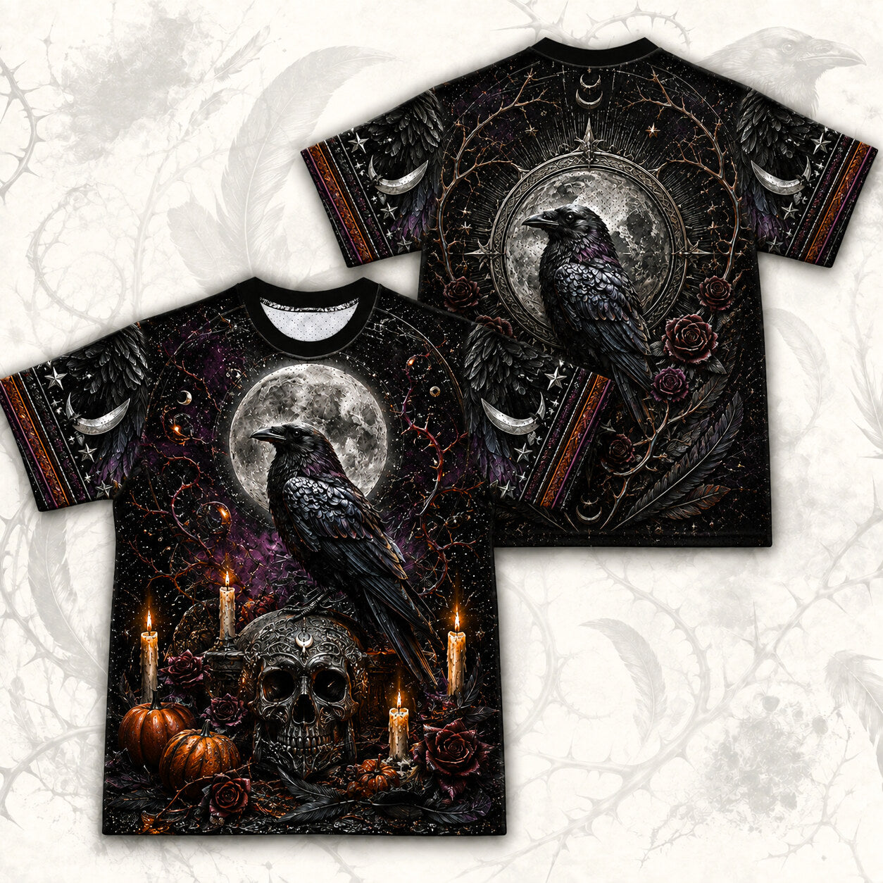 Raven Skull Candle T-Shirt Full Moon Pumpkin Gothic Samhain Tee front and back together