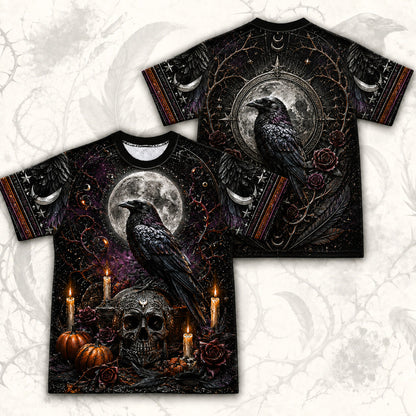 Raven Skull Candle T-Shirt Full Moon Pumpkin Gothic Samhain Tee front and back together