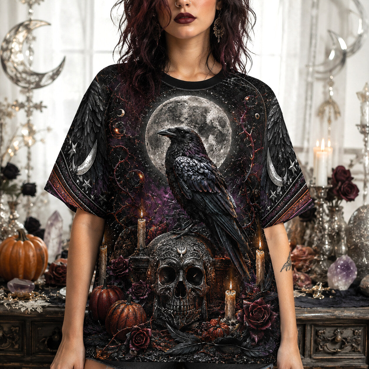 Raven Skull Candle T-Shirt Full Moon Pumpkin Gothic Samhain Tee worn, front view