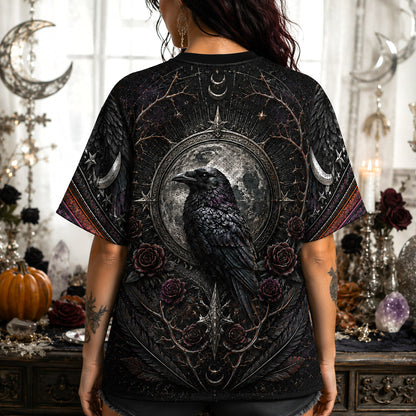 Raven Skull Candle T-Shirt Full Moon Pumpkin Gothic Samhain Tee worn, back view
