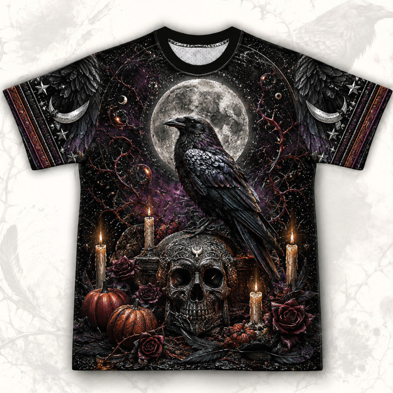 Raven Skull Candle T-Shirt Full Moon Pumpkin Gothic Samhain Tee front view