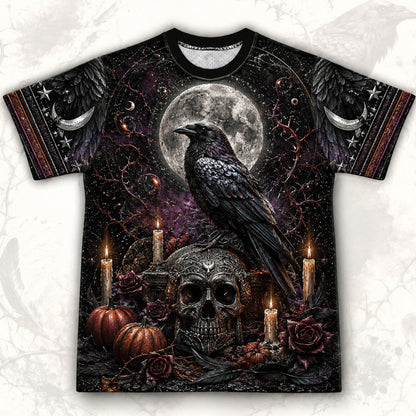 Raven Skull Candle T-Shirt Full Moon Pumpkin Gothic Samhain Tee front view