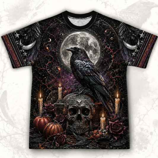 Raven Skull Candle T-Shirt Full Moon Pumpkin Gothic Samhain Tee front view