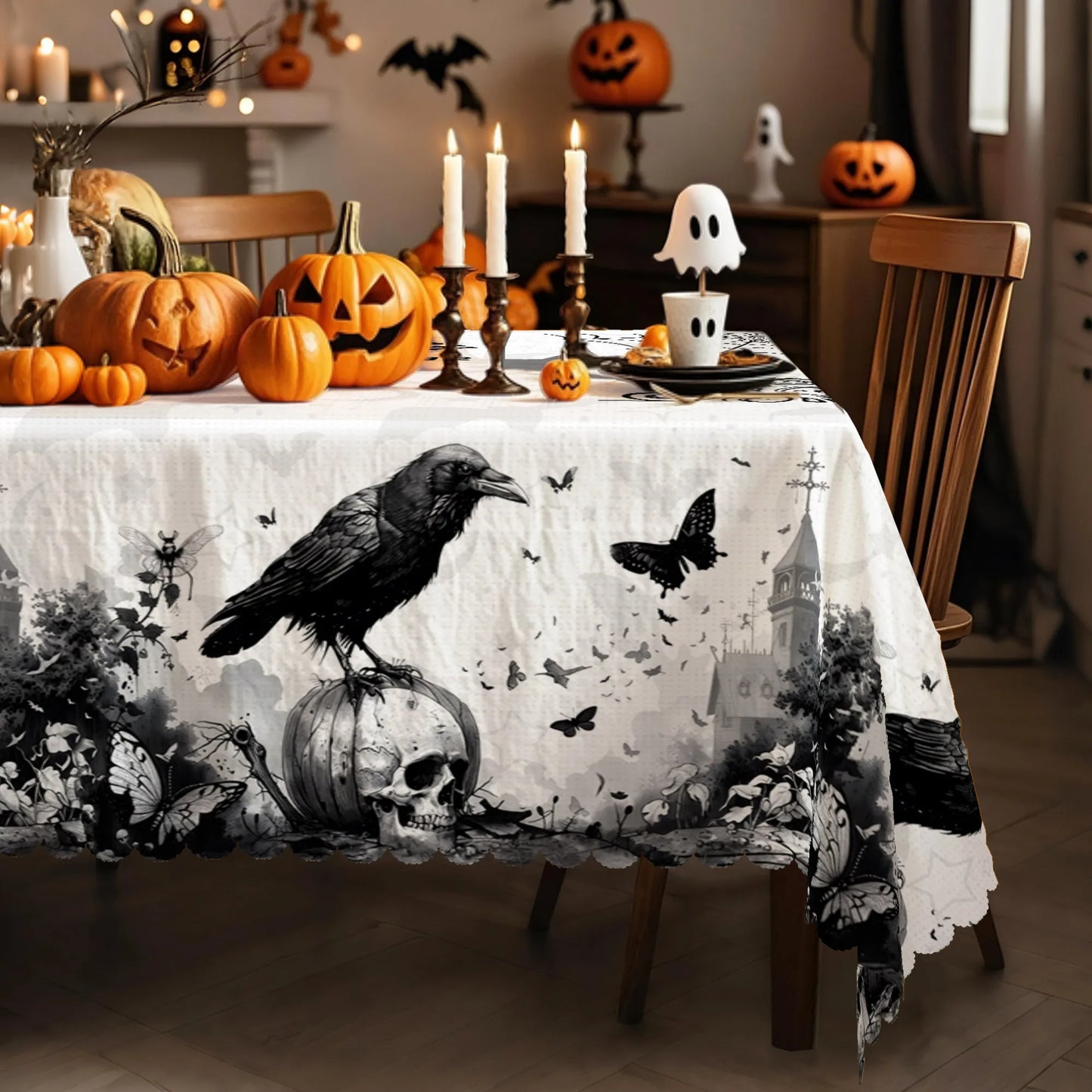 Raven Skull Castle Halloween Tablecloth Gothic Table Cover-MoonChildWorld
