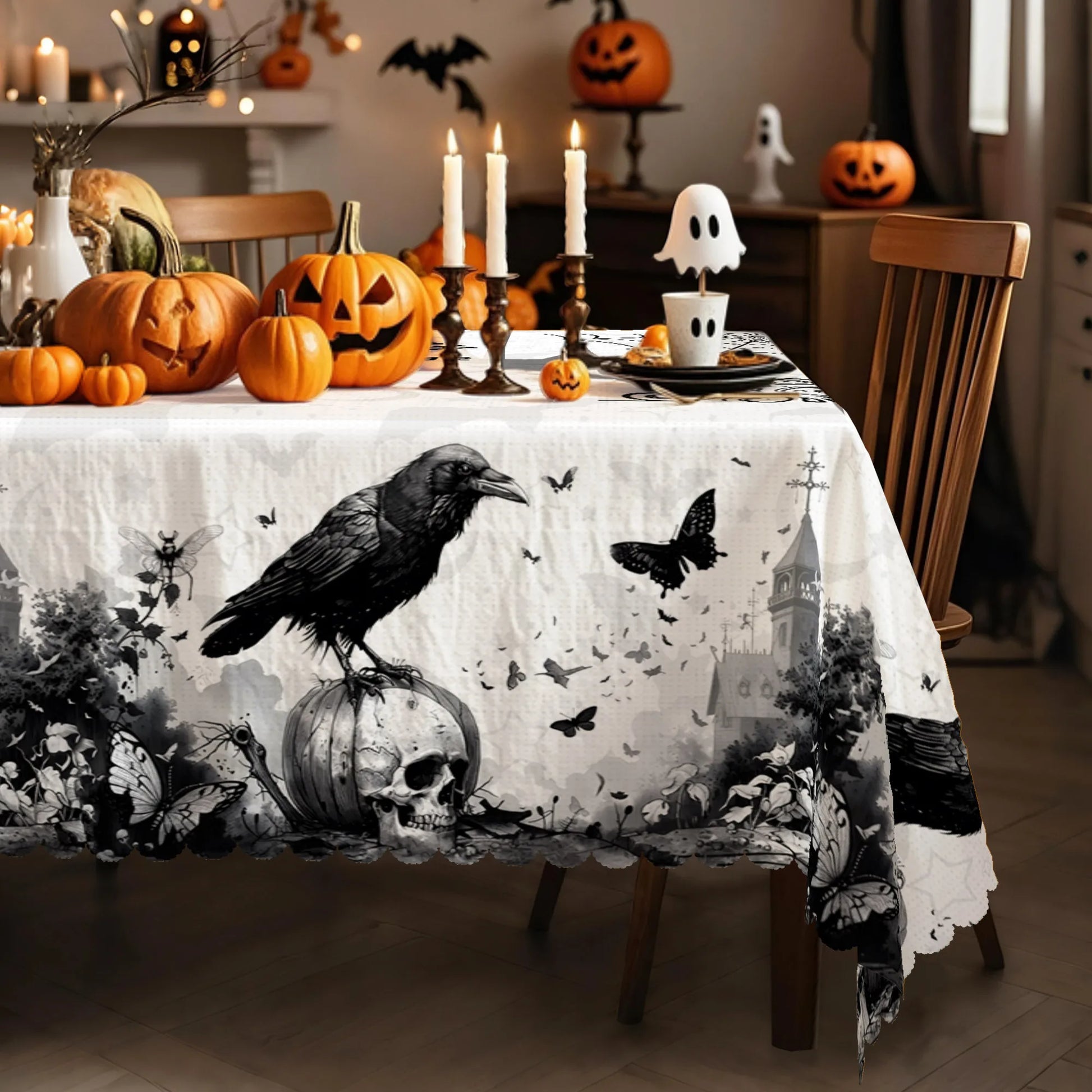 Raven Skull Castle Halloween Tablecloth Gothic Table Cover-MoonChildWorld