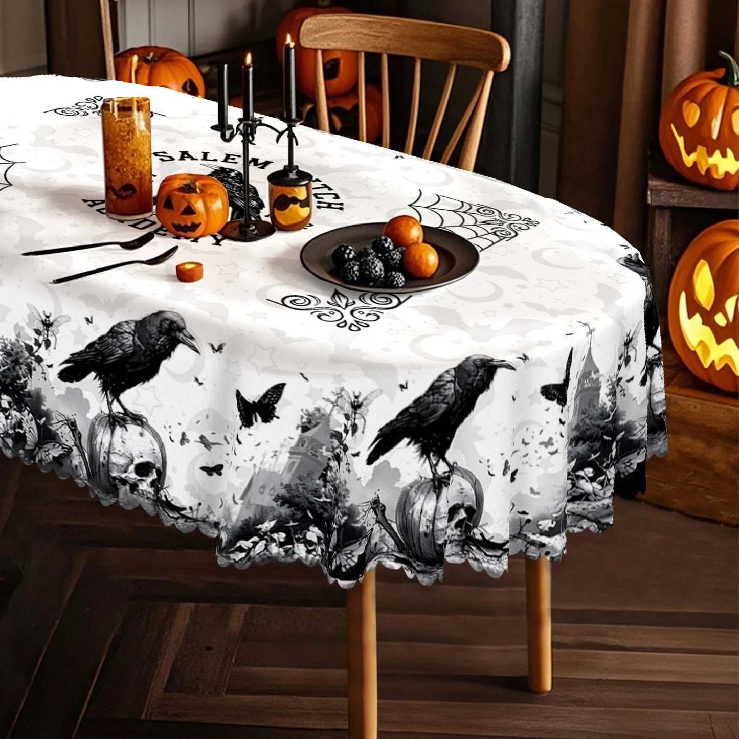 Raven Skull Castle Halloween Tablecloth Gothic Table Cover-MoonChildWorld