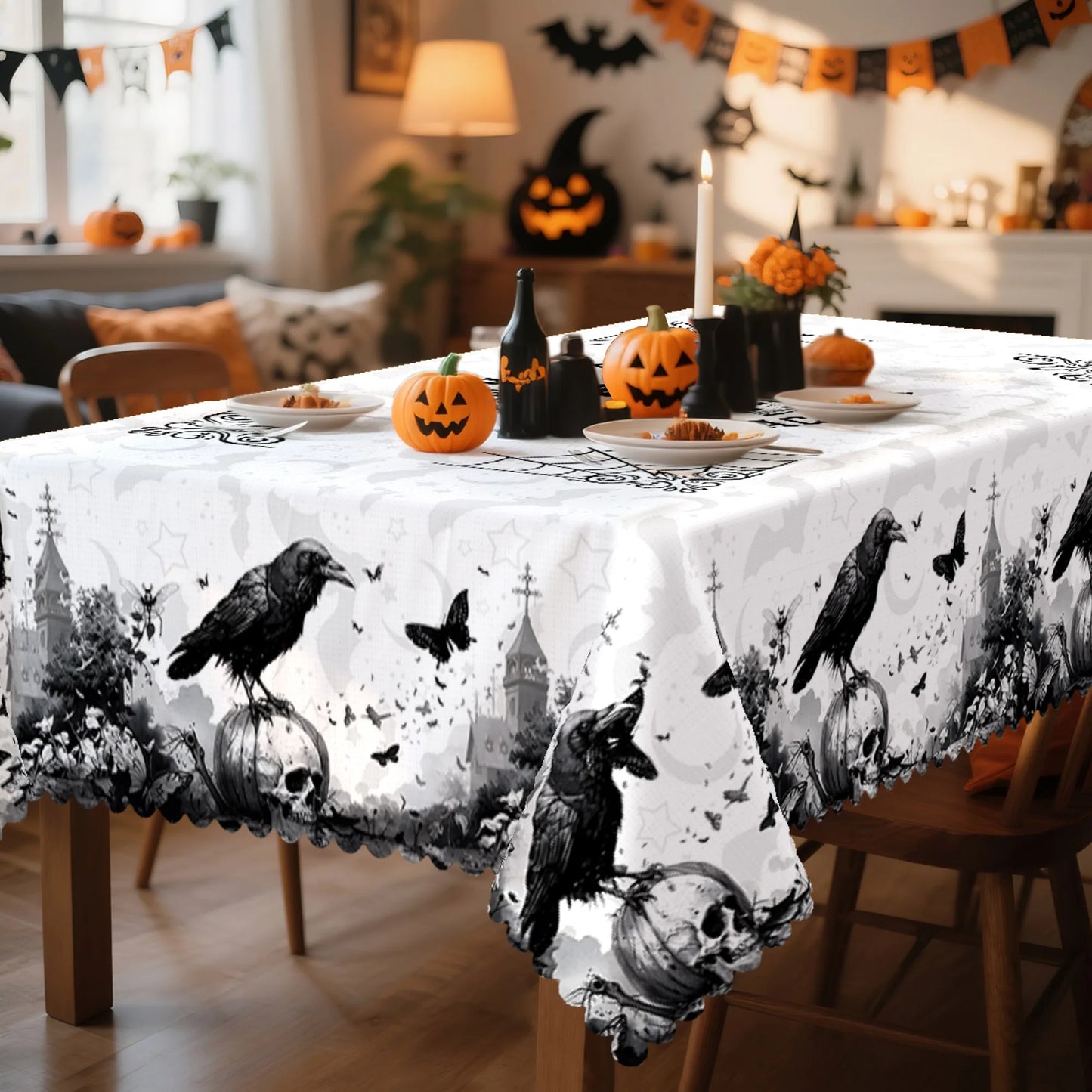 Raven Skull Castle Halloween Tablecloth Gothic Table Cover-MoonChildWorld