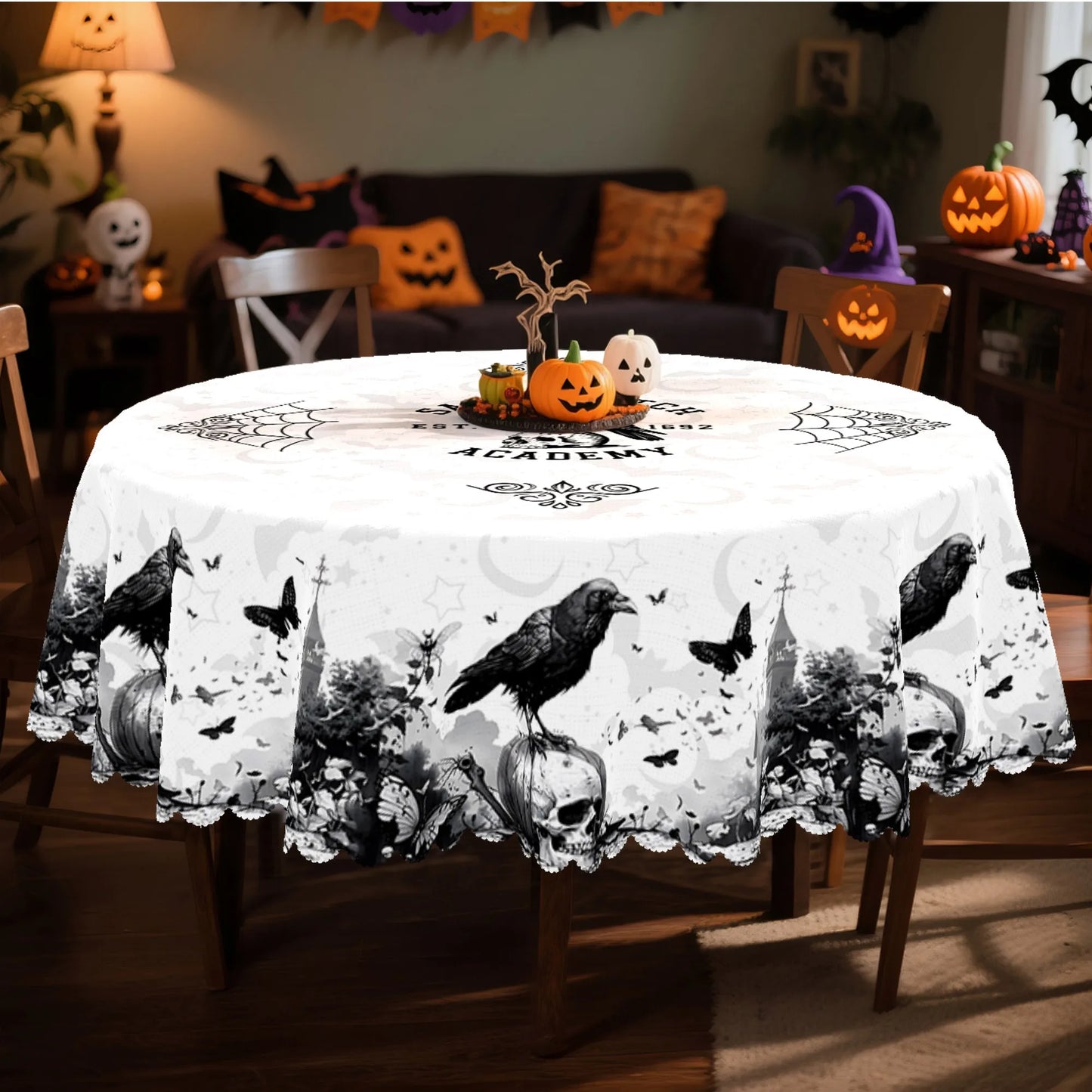 Raven Skull Castle Halloween Tablecloth Gothic Table Cover-MoonChildWorld
