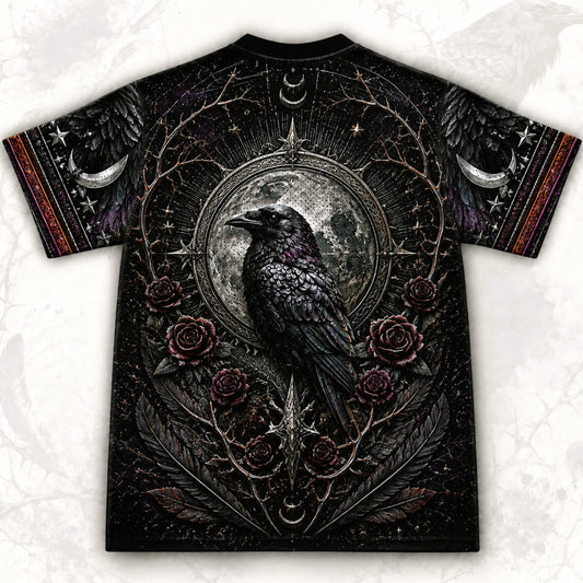 Raven Skull Candle T-Shirt Full Moon Pumpkin Gothic Samhain Tee back view
