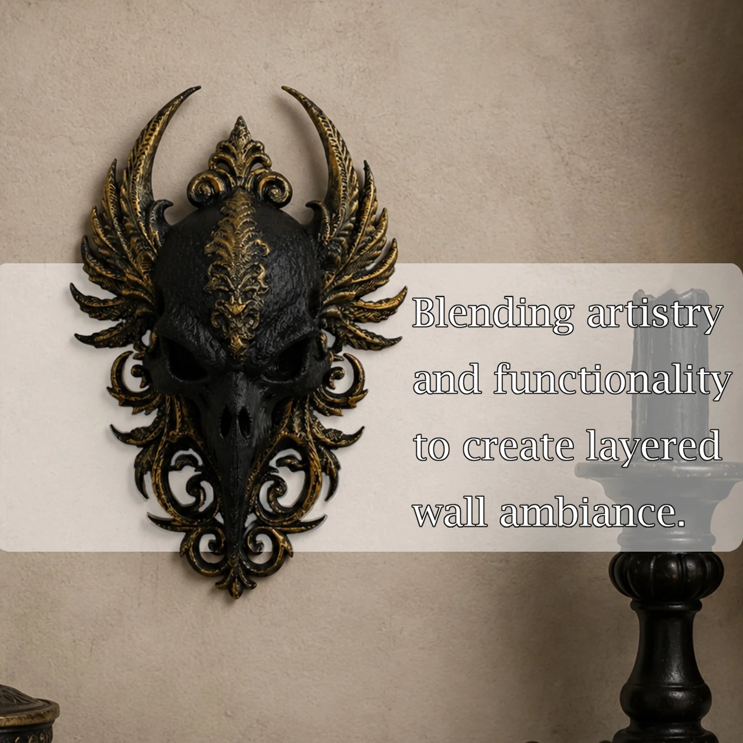 Gothic crow skull relief – wall hanging side view