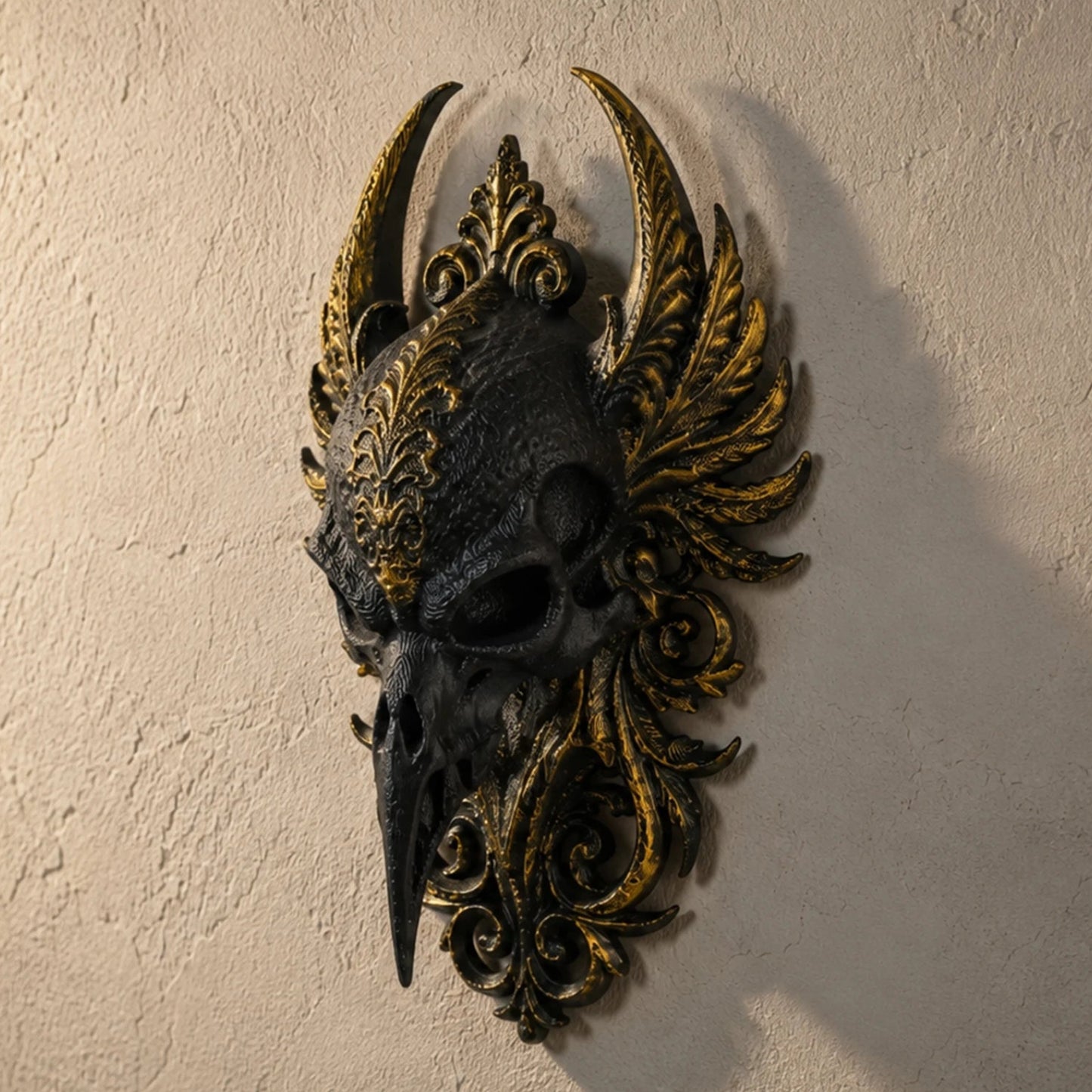Raven skull relief wall plaque – gothic crow wall art decor, front view