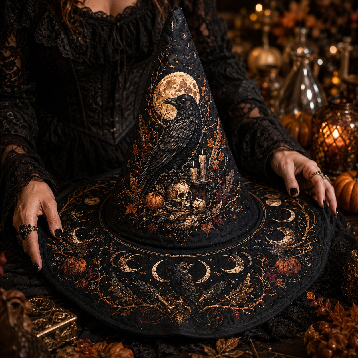 Raven Skull Witch Hat – Harvest Moon Samhain Occult Wide Brim Hat – styled with candles and crystals