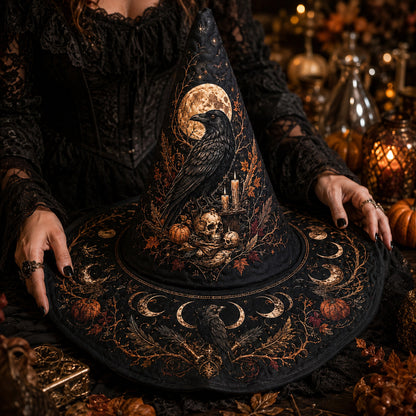 Raven Skull Witch Hat – Harvest Moon Samhain Occult Wide Brim Hat – styled with candles and crystals