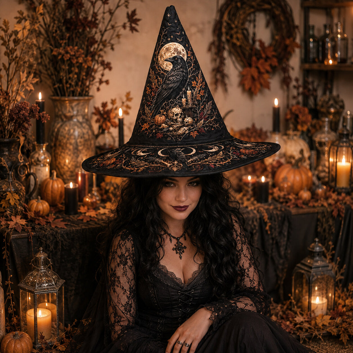 Raven Skull Witch Hat – Harvest Moon Samhain Occult Wide Brim Hat – worn, front view