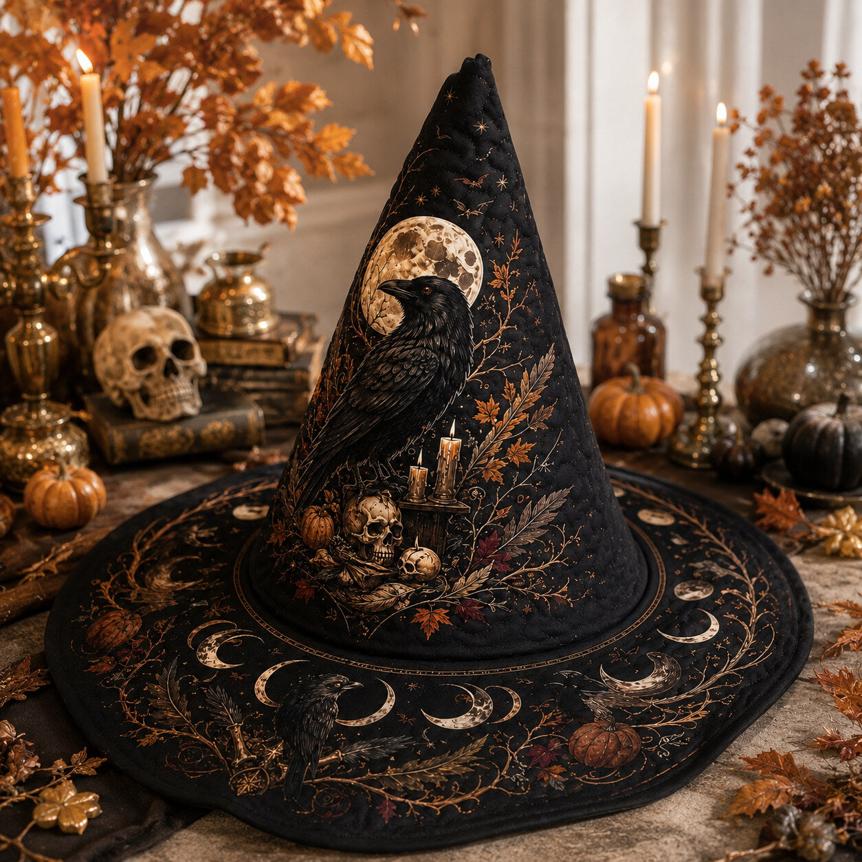 Raven Skull Witch Hat – Harvest Moon Samhain Occult Wide Brim Hat – quilting and print detail