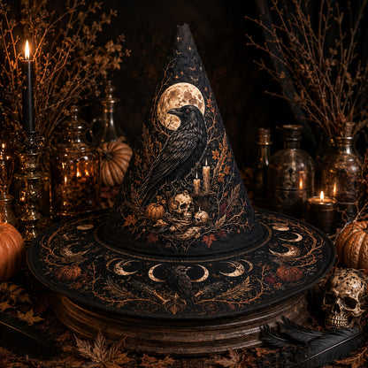 Raven Skull Witch Hat – Harvest Moon Samhain Occult Wide Brim Hat – held in both hands