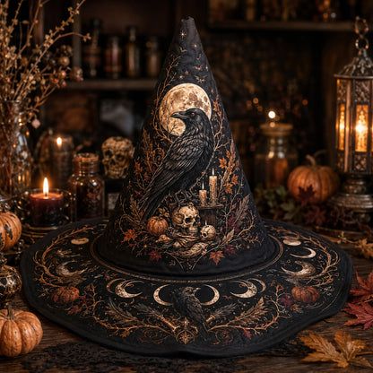Raven Skull Witch Hat – Harvest Moon Samhain Occult Wide Brim Hat – on an altar table