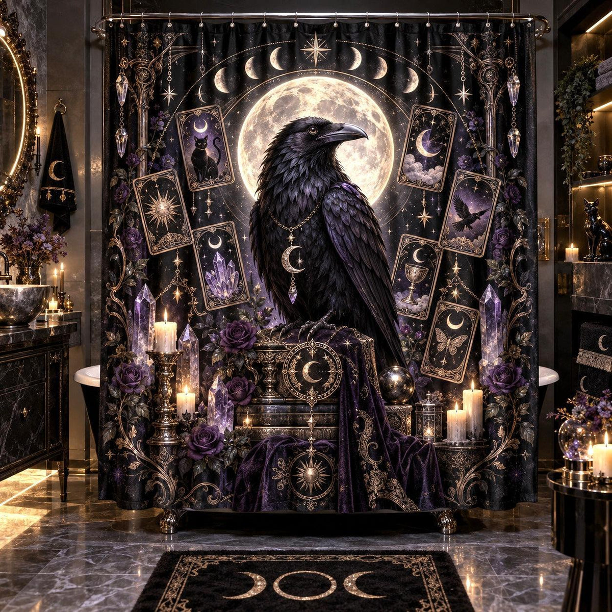 Raven Tarot Shower Curtain - Gothic Moon Celestial Decor