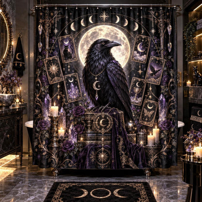 Raven Tarot Shower Curtain - Gothic Moon Celestial Decor
