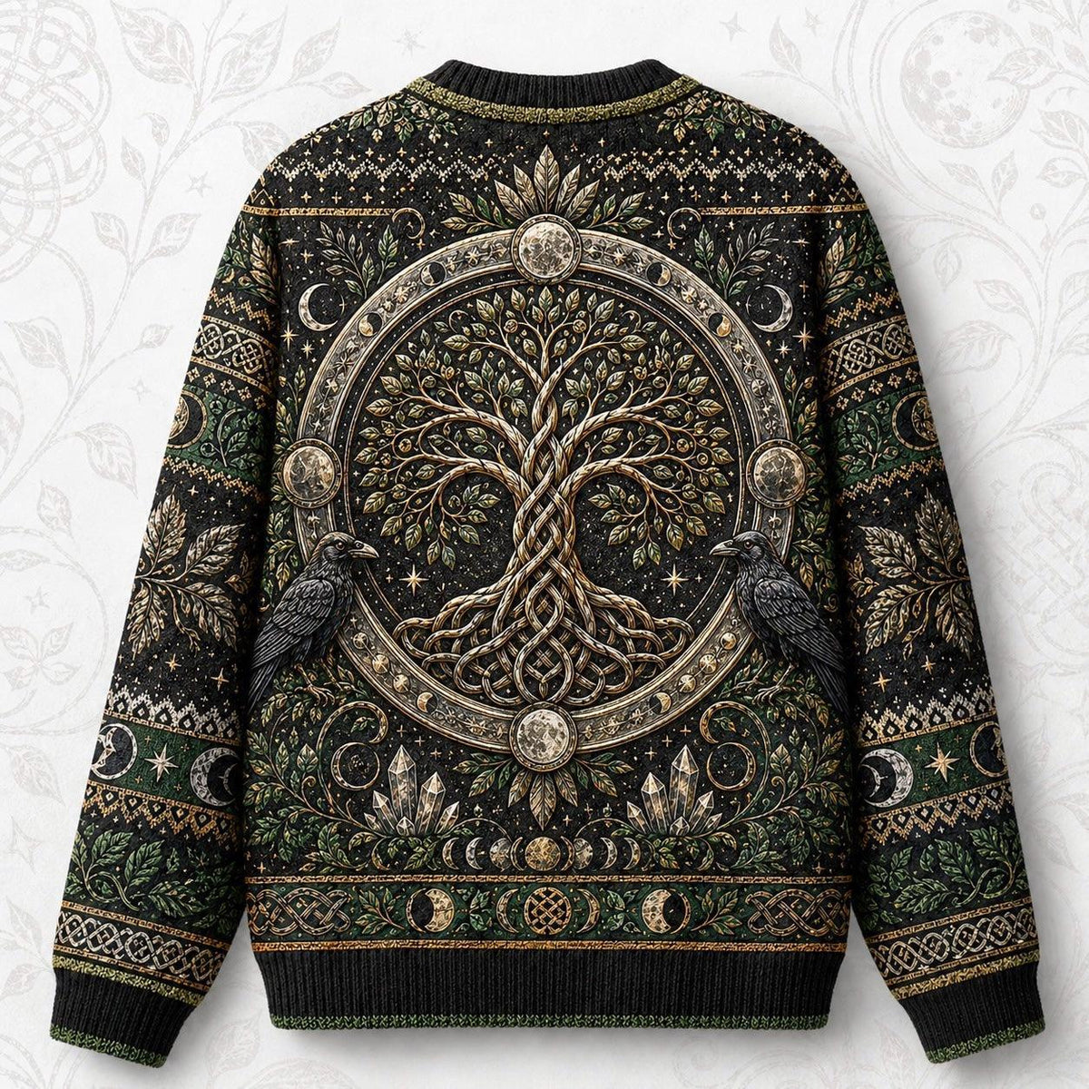 Raven Tree Of Life Sweater Full Moon Knotwork Green Knit back view